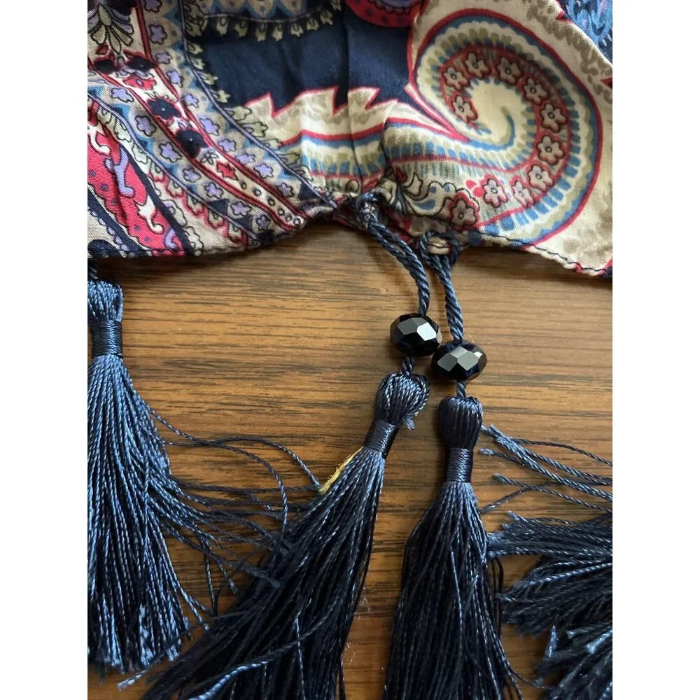 Blue pink white paisley scarf with tassels